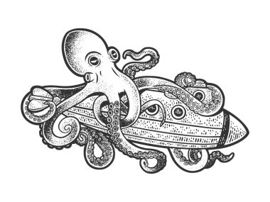 Ahtapot denizaltı çizgisi çizimine saldırdı. Tişört giysisi baskısı tasarımı. Çizik tahtası taklidi. Siyah beyaz el çizimi resim.