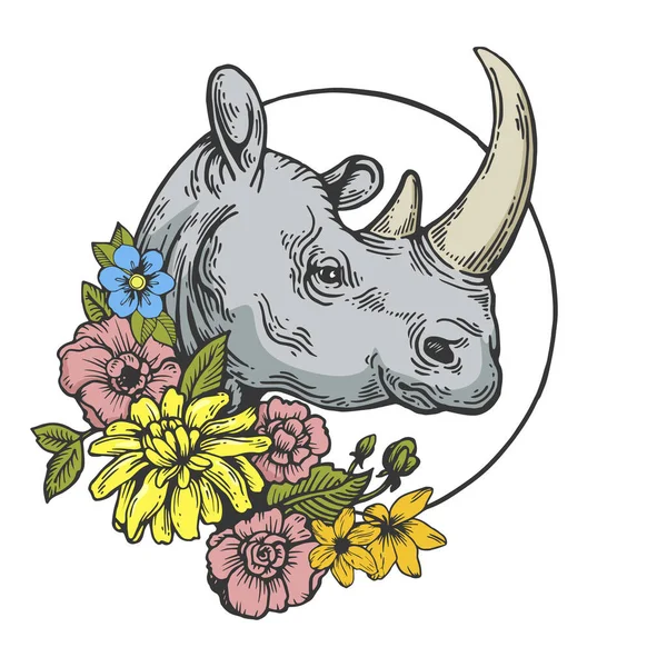 Neushoorn en bloemen tatoeage kleur lijn kunst schets graveren vector illustratie. T-shirt kleding print ontwerp. Krasplank imitatie. Zwart en wit met de hand getekend afbeelding. — Stockvector