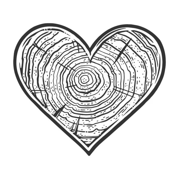 Símbolo de forma de corazón con textura de madera línea arte boceto grabado vector ilustración. Diseño de estampado de ropa de camiseta. Scratch board imitación. Imagen dibujada a mano en blanco y negro. — Archivo Imágenes Vectoriales