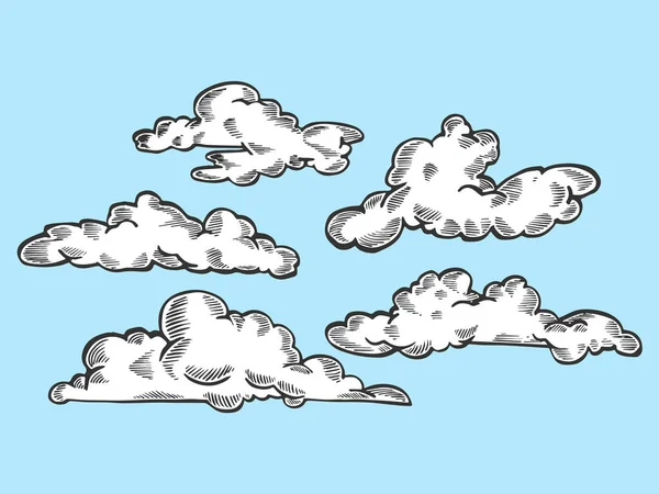 Wolken am blauen Himmel zeichnen die Gravurvektorillustration. T-Shirt-Print-Design. Rubbelbrett-Imitat. Handgezeichnetes Schwarz-Weiß-Bild. — Stockvektor