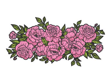 Çiçek dövmesi süslemesi renk çizimi kabartma vektör illüstrasyonu. Tişört giysisi baskısı tasarımı. Çizik tahtası taklidi. Siyah beyaz el çizimi resim.