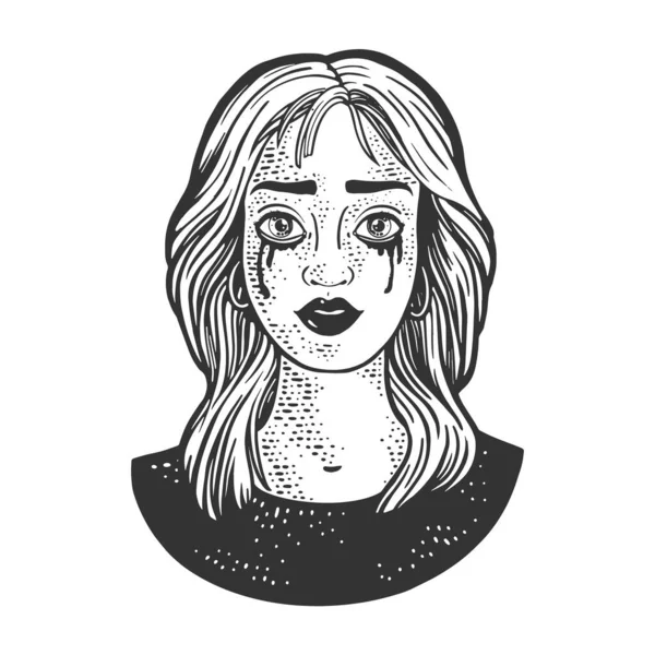 Δάκρυ χρωματισμένο κορίτσι με ροή μάσκαρα σκίτσο χάραξη διάνυσμα εικονογράφηση. Σχεδιασμός εκτύπωσης ρούχων T-shirt. Απομίμηση χαρτονιού. Ασπρόμαυρη ζωγραφισμένη στο χέρι εικόνα. — Διανυσματικό Αρχείο
