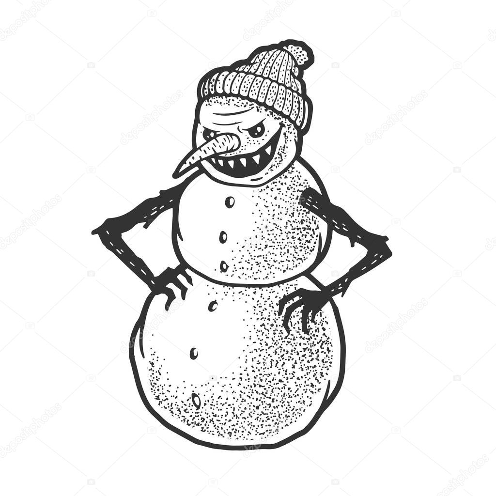 Evil angry snowman sketch engraving vector illustration. T-shirt apparel print design. Scratch board imitation. Black and white hand drawn image.