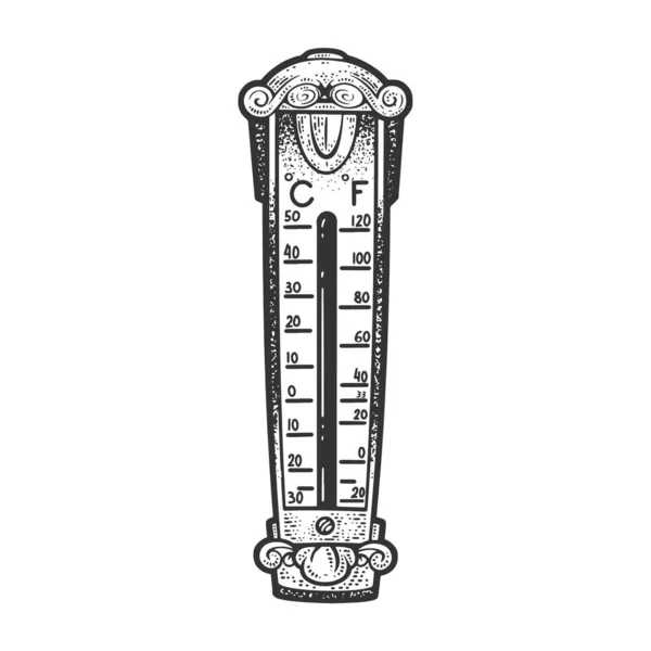 Termómetro al aire libre muestra ilustración de vectores de grabado de bocetos de calentamiento global de alta temperatura. Diseño de estampado de ropa de camiseta. Scratch board imitación. Imagen dibujada a mano en blanco y negro. — Archivo Imágenes Vectoriales