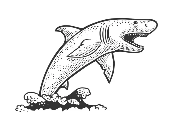 Haai springt uit waterschets graveren vector illustratie. T-shirt kleding print ontwerp. Krasplank imitatie. Zwart en wit met de hand getekend afbeelding. — Stockvector