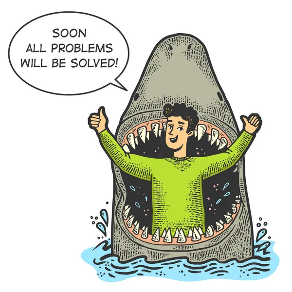 Велика акула їсть оптимістичну людину кольоровий ескіз гравюри Векторні ілюстрації. Дизайн футболки для друку. Імітація стилю подряпини дошки. Чорно-біле намальоване зображення руки . — стоковий вектор
