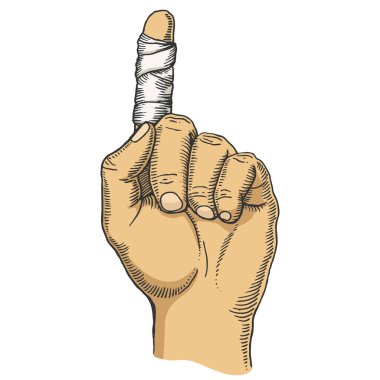 Wounded finger bandaged color sketch engraving vector illustration. T-shirt apparel print design. Scratch board imitation. Black and white hand drawn image.
