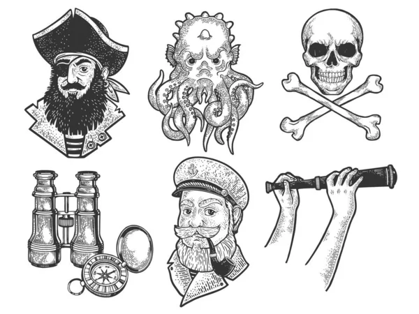 Pirate sea wolf set sketch engraving vector illustration. T-shirt apparel print design. Scratch board imitation. Black and white hand drawn image. — Image vectorielle