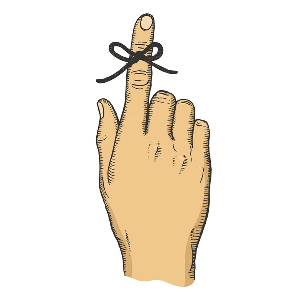 Knot on finger for memory sketch engraving vector illustration. T-shirt apparel print design. Scratch board imitation. Black and white hand drawn image. — Stok Vektör