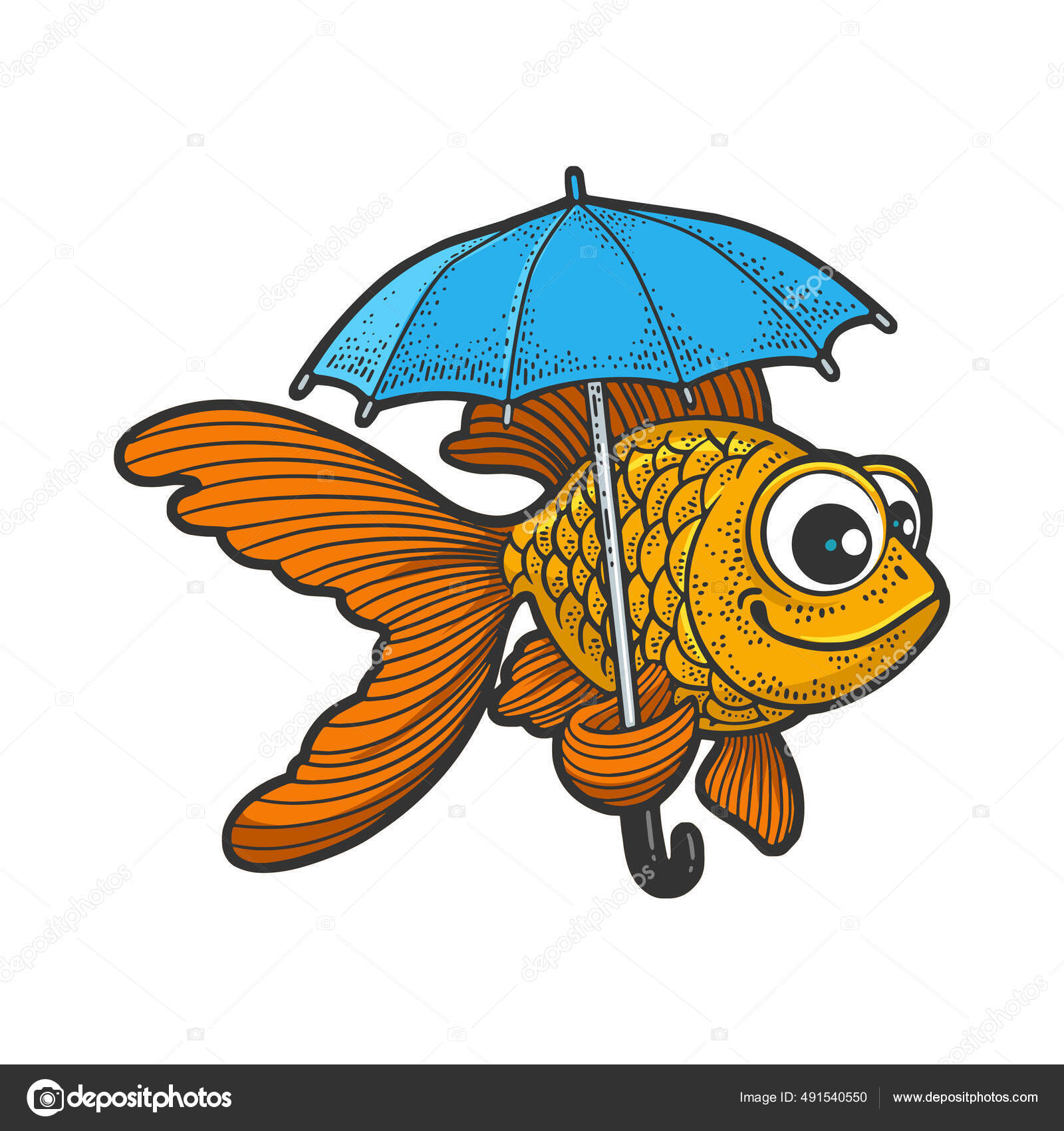 Dibujos animados peces dorados con paraguas color boceto grabado vector  ilustración. Diseño de estampado de ropa de camiseta. Scratch board  imitación. Imagen dibujada a mano en blanco y negro. vector, gráfico  vectorial ©