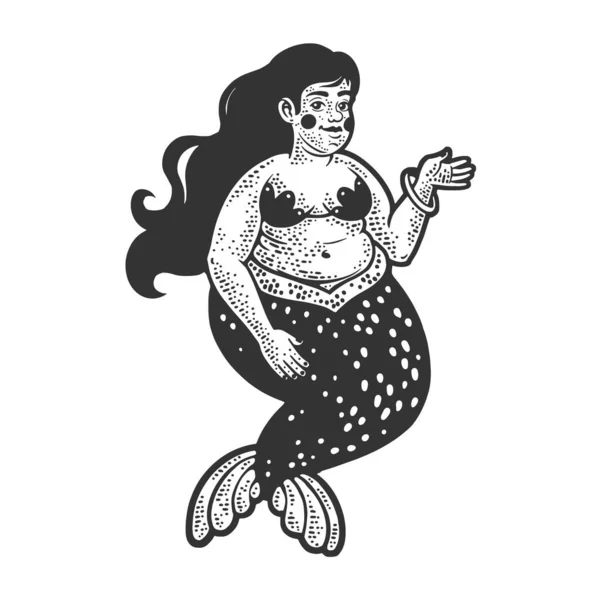 Corpo gordo positivo sereia menina esboço gravura vetor ilustração. T-shirt design de impressão de vestuário. Imitação de raspadinha. Imagem desenhada à mão preto e branco. —  Vetores de Stock