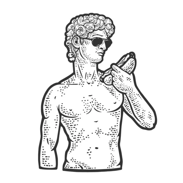 Staty av David med varmkorv skiss gravyr vektor illustration. T-shirt kläder tryck design. Skrapbrädesimitation. Svart och vit handritad bild. — Stock vektor