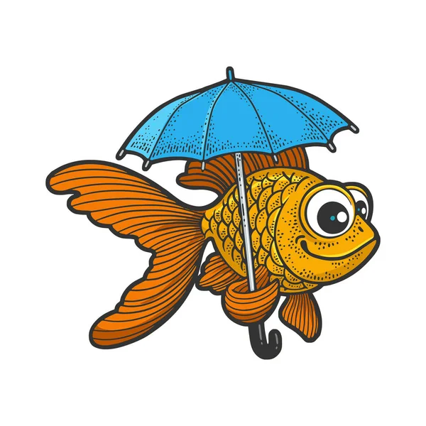 Tecknad gyllene fisk med paraply färg skiss gravyr vektor illustration. T-shirt kläder tryck design. Skrapbrädesimitation. Svart och vit handritad bild. — Stock vektor