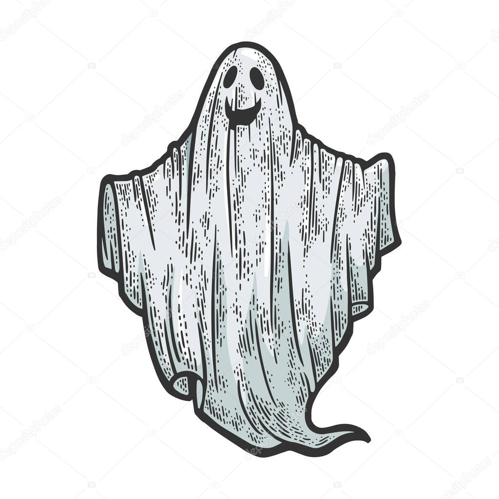 sheet ghost with smile color sketch engraving vector illustration. T-shirt apparel print design. Scratch board imitation. Black and white hand drawn image.