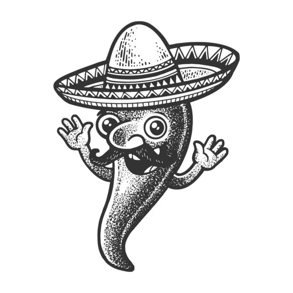 Kreskówkowy meksykański skecz chilli pepper grawerowanie wektor ilustracji. Projekt druku odzieży T-shirt. Imitacja deski do drapania. Czarno-biały ręcznie rysowany obraz. — Wektor stockowy