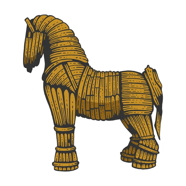 Ilustrasi ukiran vektor gambar gambar garis seni warna Trojan horse. Desain pakaian bergambar kaos. Imitasi papan gores. Citra gambar tangan hitam dan putih. - Stok Vektor