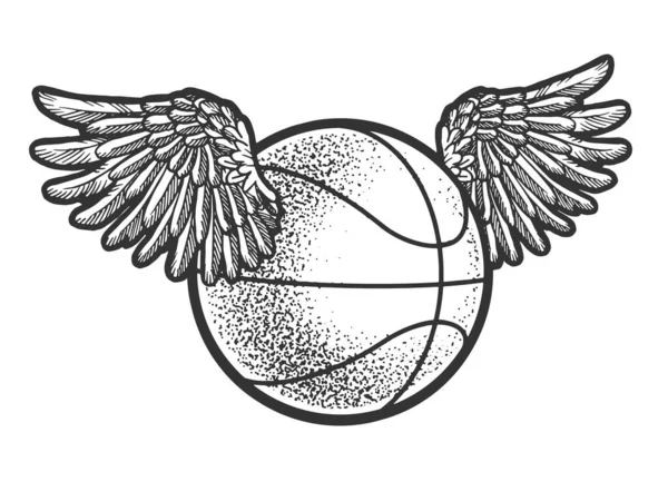 翼のスケッチベクトルイラストを彫刻とバスケットボールボール。Tシャツのアパレルプリントデザイン。スクラッチボードの模倣。黒と白の手描き画像. — ストックベクタ