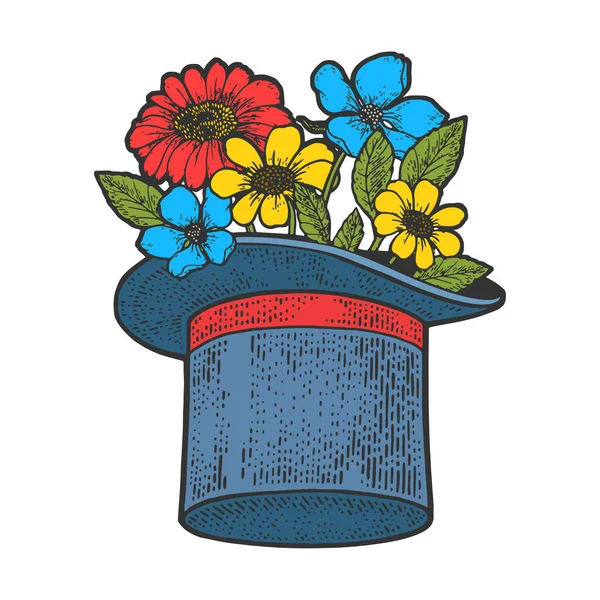 Blommor i övre hatt cylinder färg skiss gravyr vektor illustration. T-shirt kläder tryck design. Skrapbrädesimitation. Svart och vit handritad bild. — Stock vektor