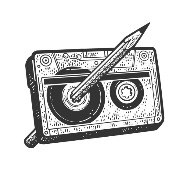 Crayon rembobine Compact Cassette bande croquis gravure vectorielle illustration. T-shirt imprimé design. Imitation de carte à gratter. Image dessinée à la main noir et blanc. — Image vectorielle