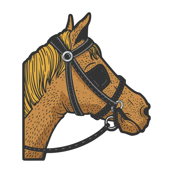 Blinkers cavalo tack em olhos de cavalo cor esboço gravura vetor ilustração. T-shirt design de impressão de vestuário. Imitação de raspadinha. Imagem desenhada à mão preto e branco. — Vetor de Stock