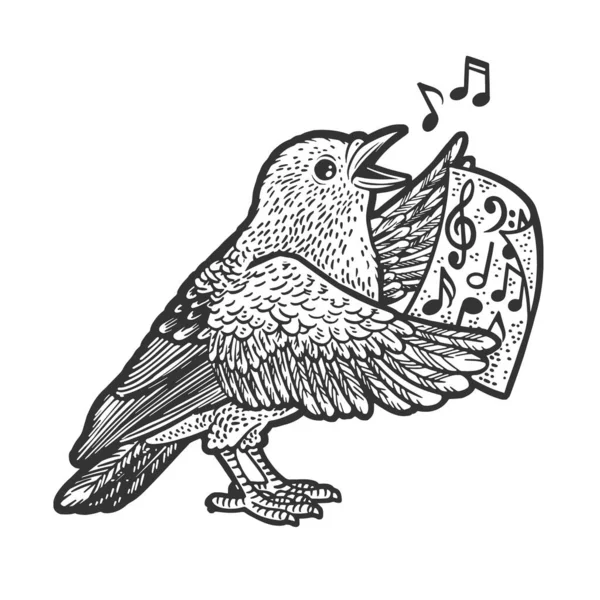 Мультяшная птица поет песню по нотам ноты эскиз гравировки векторной иллюстрации. дизайн одежды для футболок. имитация доски царапин. черно-белое изображение. — стоковый вектор