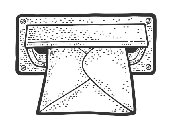 Briefschlitz mit Briefumschlag aus Papier Skizze Gravur Vektor Illustration. T-Shirt-Print-Design. Rubbelbrett-Imitat. Handgezeichnetes Schwarz-Weiß-Bild. — Stockvektor