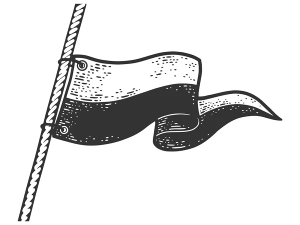 Sinalizar navio desenho bandeira gravura vetor ilustração. T-shirt design de impressão de vestuário. Imitação de raspadinha. Imagem desenhada à mão preto e branco. — Vetor de Stock