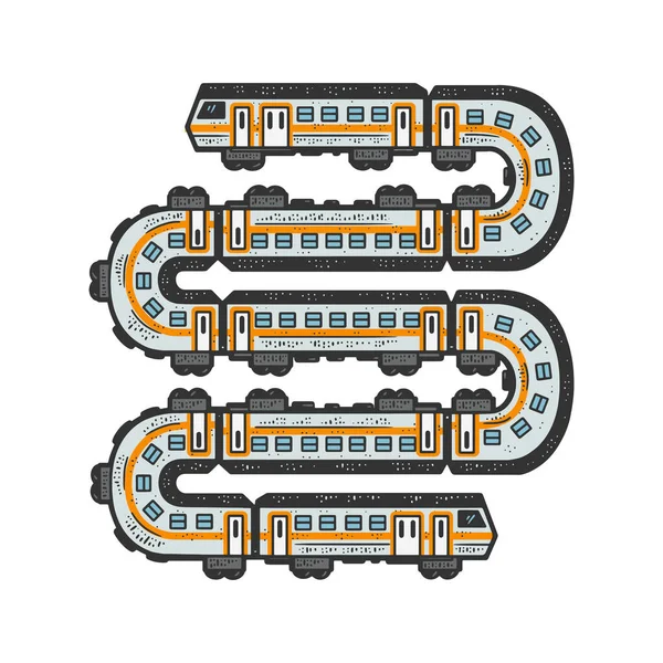 Tren largo como una ilustración de vectores de grabado de croquis de serpiente. Diseño de estampado de ropa de camiseta. Scratch board imitación. Imagen dibujada a mano en blanco y negro. — Vector de stock