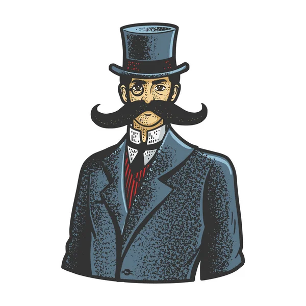 Gentleman avec une moustache géante ligne d'art en couleur croquis gravure vectorielle illustration. T-shirt imprimé design. Imitation de carte à gratter. Image dessinée à la main noir et blanc. — Image vectorielle