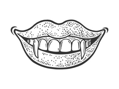 Vampir kız gülümsemesi kabartma vektör çizimi. Tişört giysisi baskısı tasarımı. Çizik tahtası taklidi. Siyah beyaz el çizimi resim.