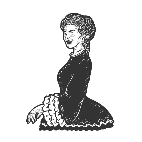 Жінка-леді підморгує старомодний флірт ескіз гравюри Векторні ілюстрації. Дизайн футболки для друку. Імітація дошки подряпин. Чорно-біле намальоване зображення руки . — стоковий вектор