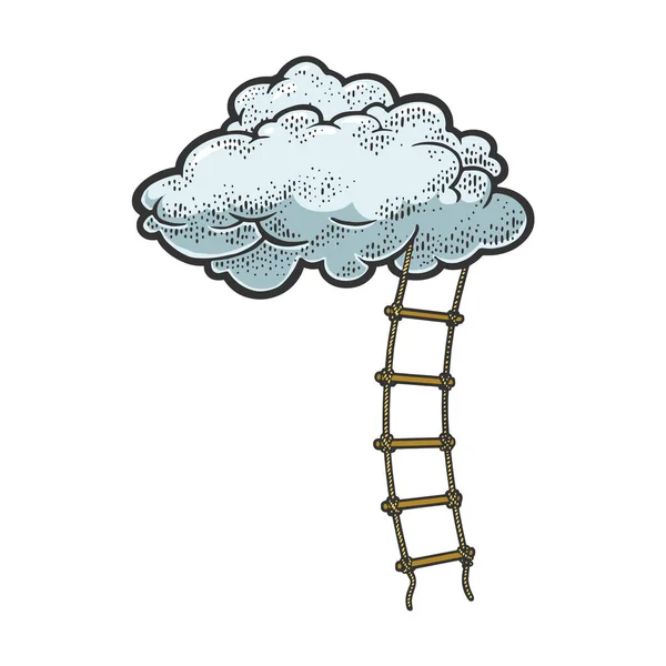 Rope ladder to cloud color sketch engraving vector illustration. Stairs to heaven metaphor. T-shirt apparel print design. Scratch board imitation. Black and white hand drawn image. — Stock Vector