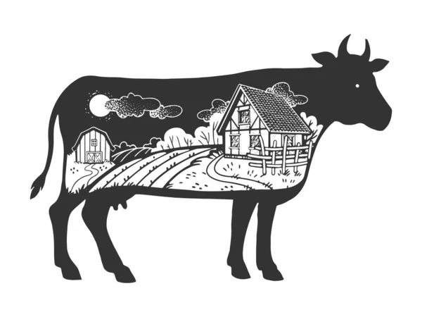 Сельский пейзаж в коровьем силуэте эскиз гравировки векторной иллюстрации. Дизайн одежды для футболок. Имитация Доски Царапин. Черно-белое изображение. — стоковый вектор