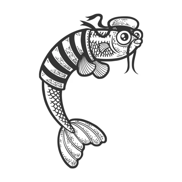 Desenhos animados marinheiro peixe desenho gravura vetor ilustração. T-shirt design de impressão de vestuário. Imitação de raspadinha. Imagem desenhada à mão preto e branco. — Vetor de Stock