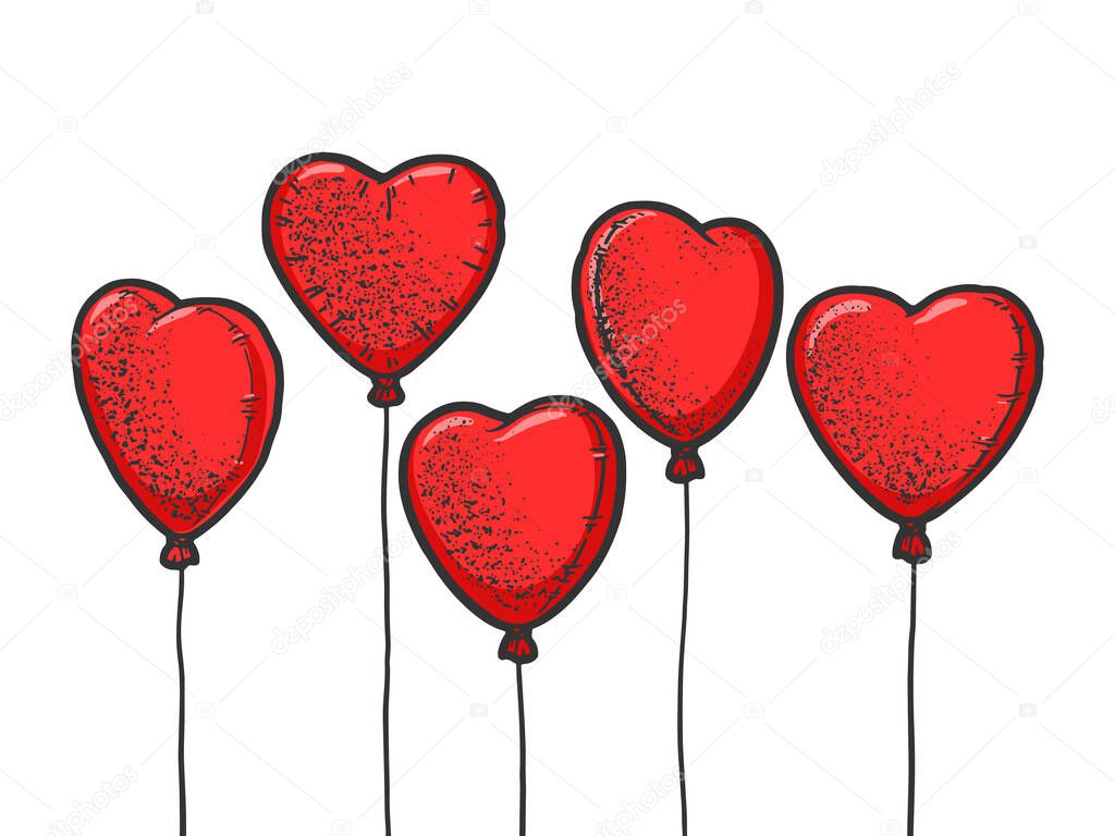 Heart shaped balloons line art red color sketch engraving vector illustration. T-shirt apparel print design. Scratch board imitation. Black and white hand drawn image.
