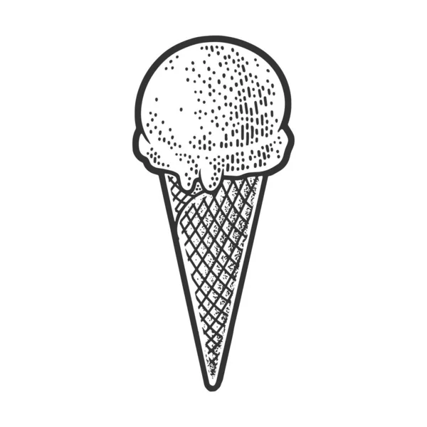 Helado cono boceto grabado vector ilustración. Diseño de estampado de ropa de camiseta. Scratch board imitación. Imagen dibujada a mano en blanco y negro . — Vector de stock