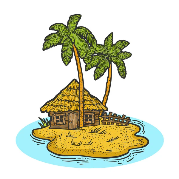 Ilha desabitada no oceano com cabana e palmeiras cor esboço gravura vetor ilustração. T-shirt design de impressão de vestuário. Imitação de raspadinha. Imagem desenhada à mão preto e branco. —  Vetores de Stock