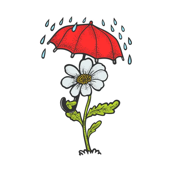 Fleur de dessin animé avec parapluie couleur croquis gravure vectorielle illustration. T-shirt imprimé design. Imitation de carte à gratter. Image dessinée à la main noir et blanc. — Image vectorielle