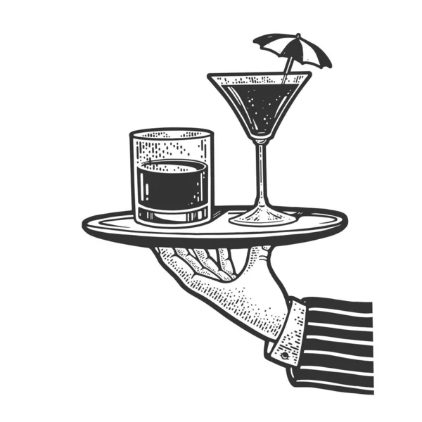 Kellner mit Tablett und Alkoholgetränken skizzieren Gravurvektorillustration. T-Shirt-Print-Design. Rubbelbrett-Imitat. Handgezeichnetes Schwarz-Weiß-Bild. — Stockvektor