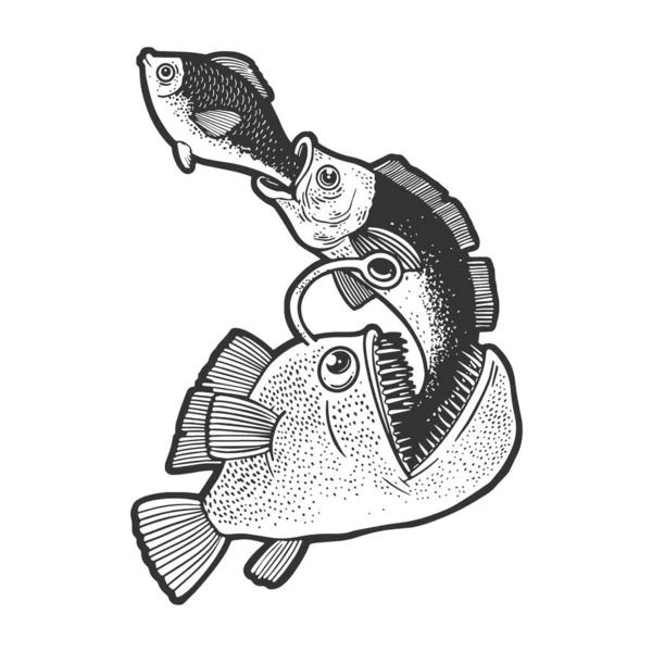 Μεγάλα ψάρια τρώνε μικρά ψάρια τροφική αλυσίδα σκίτσο χάραξη διάνυσμα εικονογράφηση. Σχεδιασμός εκτύπωσης ρούχων T-shirt. Απομίμηση χαρτονιού. Ασπρόμαυρη ζωγραφισμένη στο χέρι εικόνα. — Διανυσματικό Αρχείο