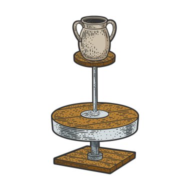 Esrarlı çizim kabartma vektör çizimi olan çömlekçi çarkı. Tişört giysisi baskısı tasarımı. Çizik tahtası taklidi. Siyah beyaz el çizimi resim.