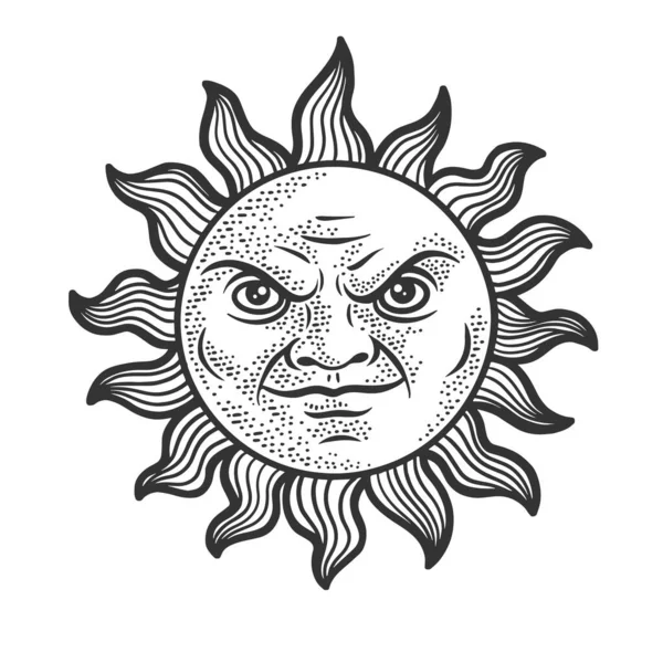 Dibujos animados malvados sol boceto grabado vector ilustración. Diseño de estampado de ropa de camiseta. Scratch board imitación. Imagen dibujada a mano en blanco y negro. — Archivo Imágenes Vectoriales