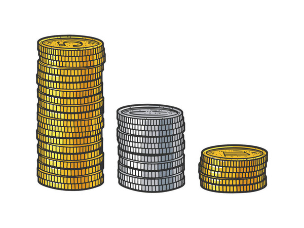 стопки цветных набросков монет с гравировкой векторной иллюстрации. Дизайн одежды для футболок. Имитация Доски Царапин. Черно-белое изображение.
