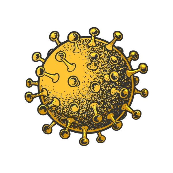 Coronavirus cor esboço gravura vetor ilustração. T-shirt design de impressão de vestuário. Imitação de raspadinha. Imagem desenhada à mão preto e branco. —  Vetores de Stock