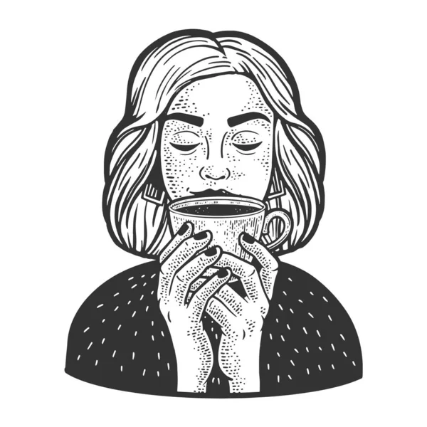 Κορίτσι μυρίζοντας φλιτζάνι καφέ σκίτσο χάραξη διάνυσμα εικονογράφηση. Σχεδιασμός εκτύπωσης ρούχων T-shirt. Απομίμηση χαρτονιού. Ασπρόμαυρη ζωγραφισμένη στο χέρι εικόνα. — Διανυσματικό Αρχείο