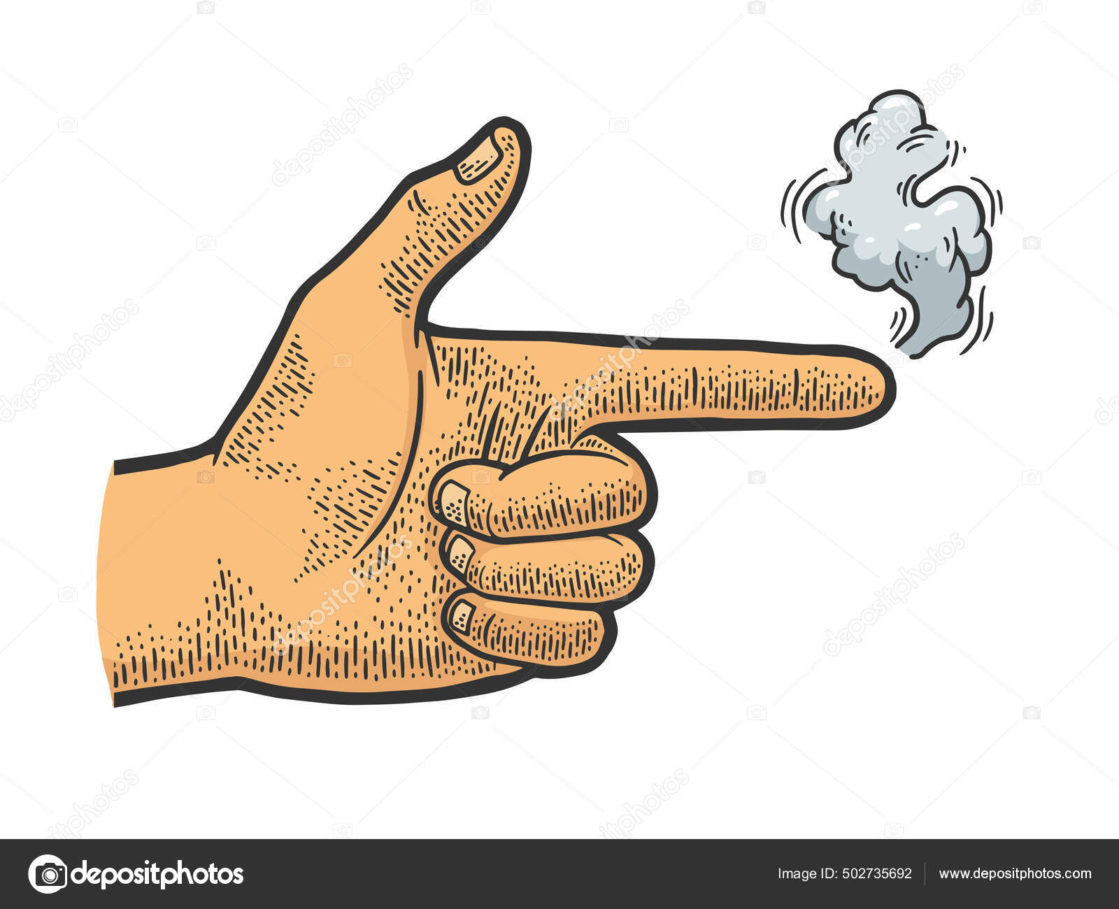 煙の色のスケッチの彫刻ベクトルイラストと銃ピストル手ジェスチャー。Tシャツのアパレルプリントデザイン。スクラッチボードの模倣。黒と白の手描き画像.  ストックベクター ©AlexanderPokusay 502735692, image size:1600x1300