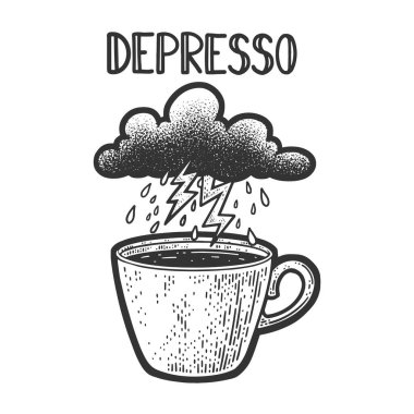 Depresso espresso kahve fincanı depresyonu kötü ruh hali metaforu, kabartma vektör çizimi. Tişört giysisi baskısı tasarımı. Çizik tahtası taklidi. Siyah beyaz el çizimi resim.