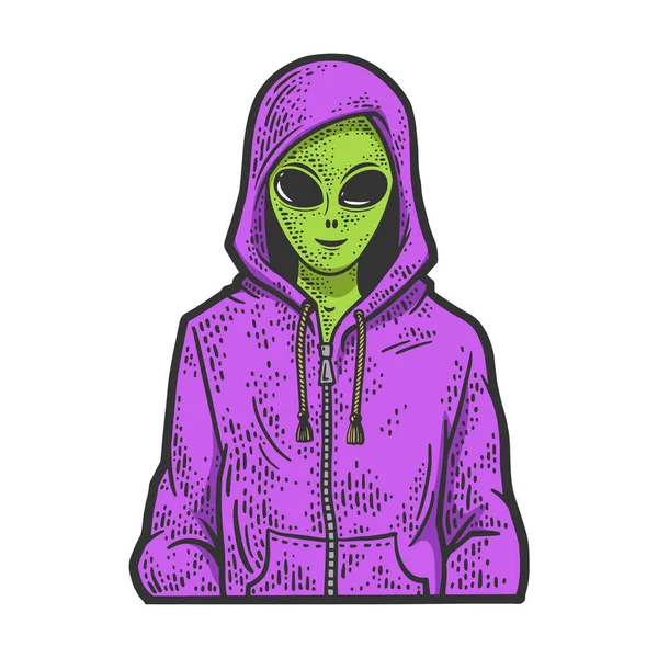 Alien em Hoodie suéter linha arte esboço gravura vetor ilustração. T-shirt design de impressão de vestuário. Imitação de raspadinha. Imagem desenhada à mão preto e branco. — Vetor de Stock
