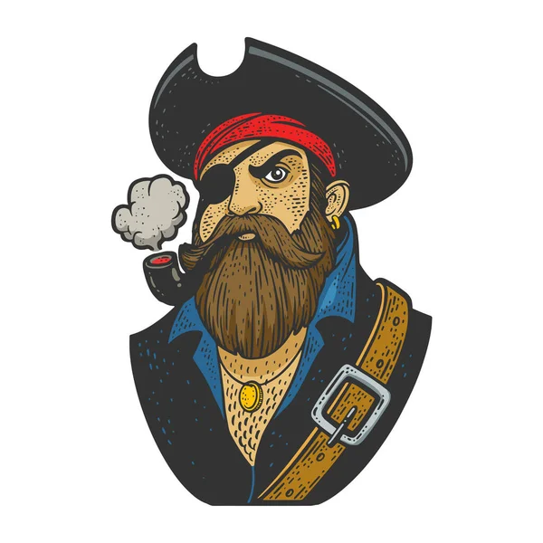 Pirate borgne avec pipe fumante et illustration vectorielle de gravure de croquis en couleur. T-shirt imprimé design. Imitation de carte à gratter. Image dessinée à la main noir et blanc. — Image vectorielle