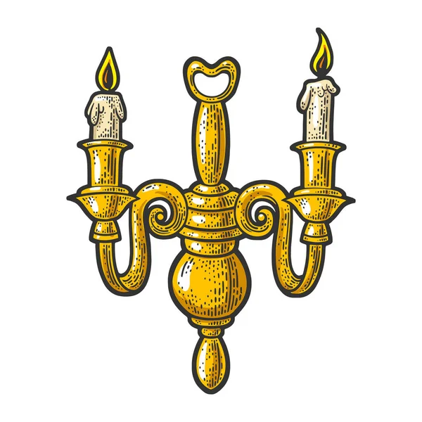 Vecchio candelabro dorato disegno a colori bozzetto incisione vettoriale illustrazione. T-shirt abbigliamento design di stampa. Imitazione del gratta e Vinci. Immagine disegnata a mano in bianco e nero. — Vettoriale Stock